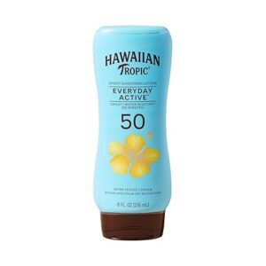 hawaiian tropic island sport loción de protección solar, ligera, amplio espectro spf 50, 8 onzas líquidas