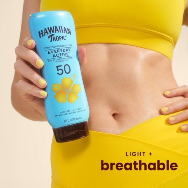 hawaiian tropic island sport loción de protección solar, ligera, amplio espectro spf 50, 8 onzas líquidas